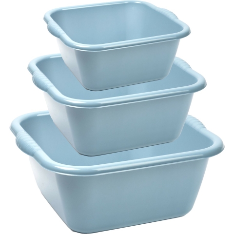 Afwasbak teil - set van 3 formaten - 10 en 15 en 20 liter - licht blauw - kunststof -