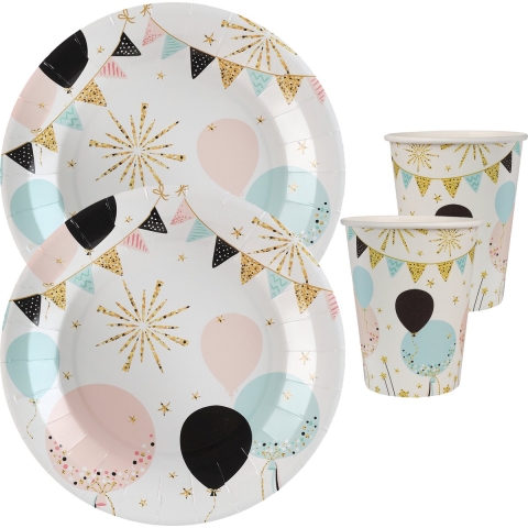 Feest wegwerp servies set - ballon - 20x bordjes / 20x bekers - wit/goud -