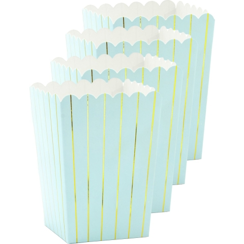 Popcorn/snoep bakjes - 24x - blauw/goud gestreept - karton - 7 x 7 x 12 cm - feest uitdeel bakjes -