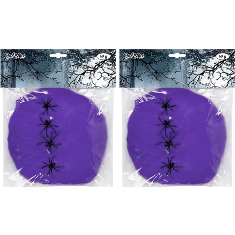 Decoratie spinnenweb/spinrag met spinnen - 4x - 60 gram - paars - Halloween/horror versiering -