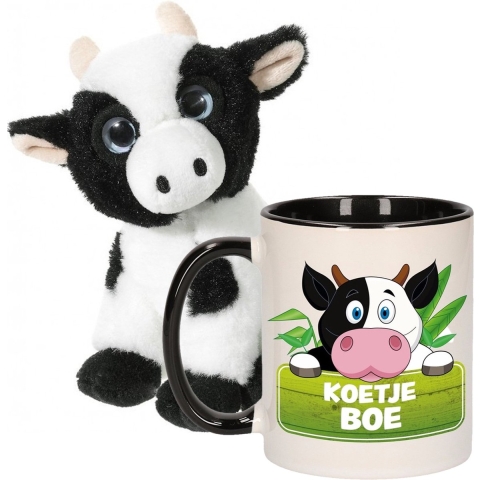 Cadeau set kind - Koeien knuffel 14 cm en Drinkbeker/mok Koe 300 ml -