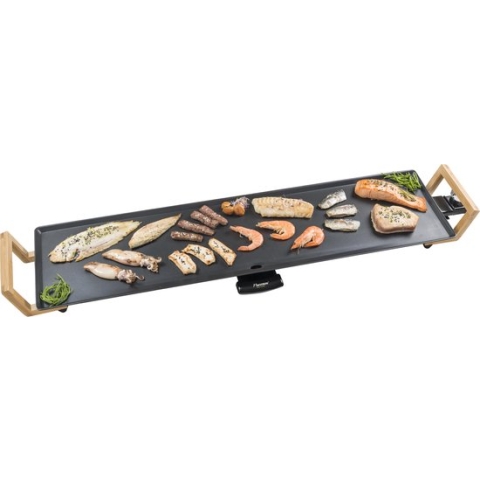 Bestron elektrische XXL Grillplaat voor 8 Personen, Teppanyaki Bakplaat met antiaanbaklaag & bamboe handgrepen, in aziatisch design, 1800W, kleur: zwart