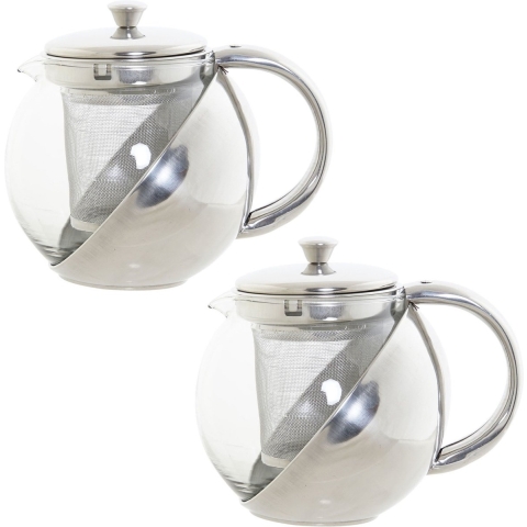 Set van 2x stuks theepotten van glas en RVS 600 ml met filter/infuser en handvat -