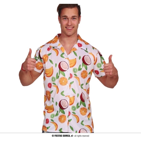 Tropical party Hawaii blouse heren - tropisch fruit - wit - carnaval/themafeest M -