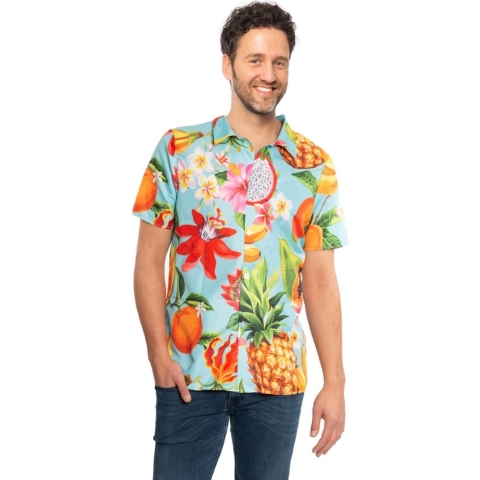 Tropical party Hawaii blouse heren - bloemen/fruit - blauw - carnaval/themafeest 48 (S) -