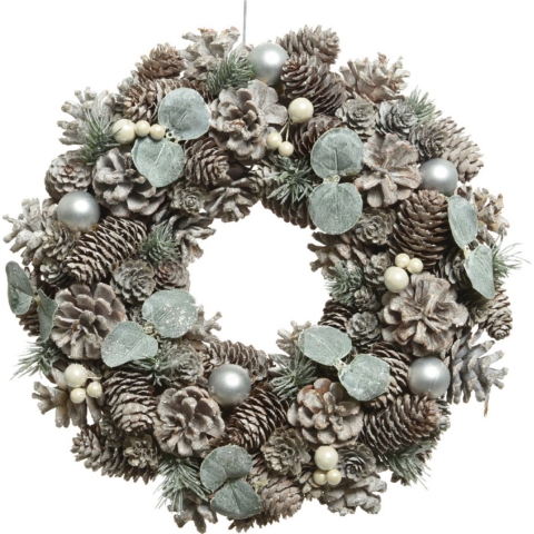 Decoris Kerstkrans - groen/wit - met kerstballen en deco - 34 cm -