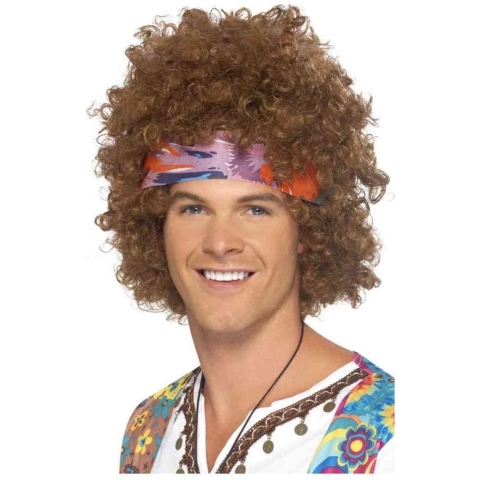 Bruine hippie pruik met haarband voor heren -