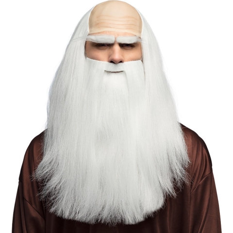 Verkleedpruik met baard heren - wit - Middeleeuwen/Tovenaar - Carnaval - lang haar -