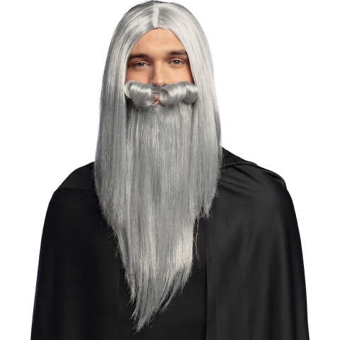 Verkleedpruik met baard heren - grijs - Middeleeuwen/Tovenaar - Carnaval - lang haar -