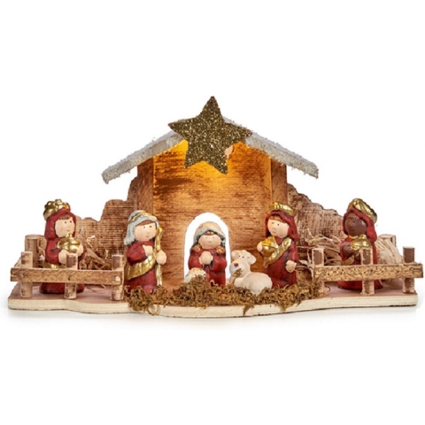 Complete verlichte kerststal - met beeldjes - L33 x B6 x H16 cm - kerststal voor kinderen -