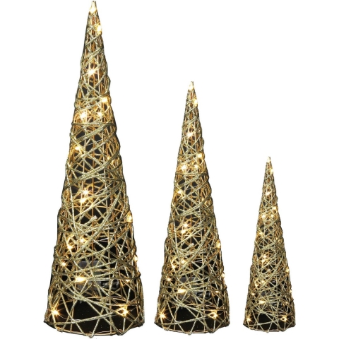 LED kegels - kerstboom lampen - 3x st - goud - H40, H60, H80cm - warm wit - timer -