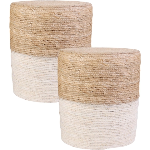 Bijzet poef Mirage - 2x - Ibiza/boho - beige - MDF - 35 x 41 cm - gevlochten -