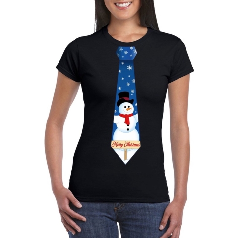 Fout kerst t-shirt zwart met sneeuwpop stropdas voor dames L -