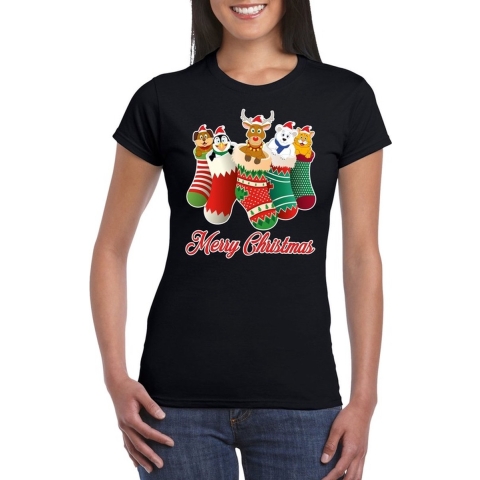 Foute Kerst t-shirt kerstsokken merry christmas zwart voor dames 2XL -