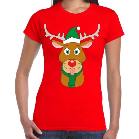 Foute Kerst t-shirt rendier Rudolf groene kerstmuts rood dames XL -