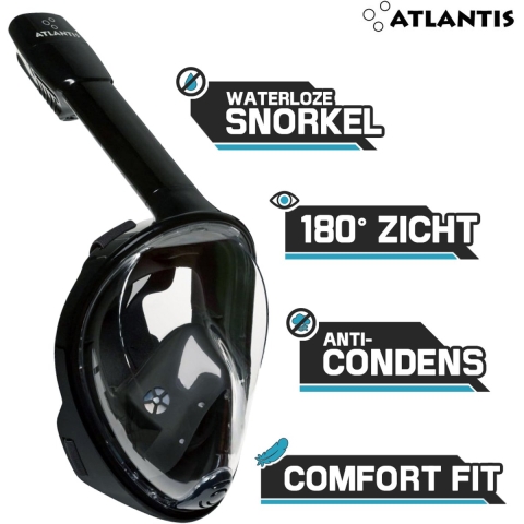 Atlantis Snorkelmasker Duikbril - Snorkel - Snorkelset - Full Face Masker - Volwassenen - Zwart - S/M
