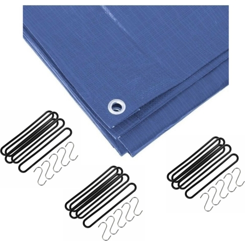 Afdekzeil / dekzeil blauw 8 x 12 meter met 35x spanrubbers en S-haken -