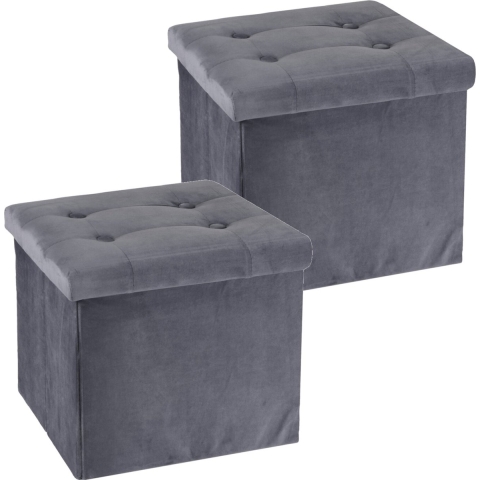 Poef/hocker/krukje - 2x - opbergbox - donkergrijs - fluweel polyester - 38 x 38 cm - opvouwbaar -