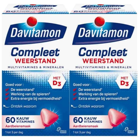 Gratis Verzending: 2x Davitamon Compleet Weerstand Kauwvitamines Aardbei 60 kauwtabletten