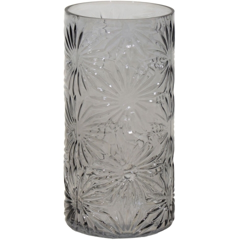 Mega Collections Bloemenvaas Debby - grijs - glas - bloem relief - 15 x 35 cm -