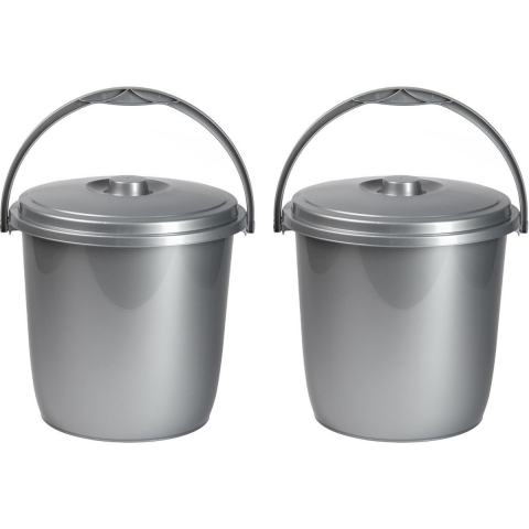 2x Afsluitbare emmers met deksel 15 liter zilver -