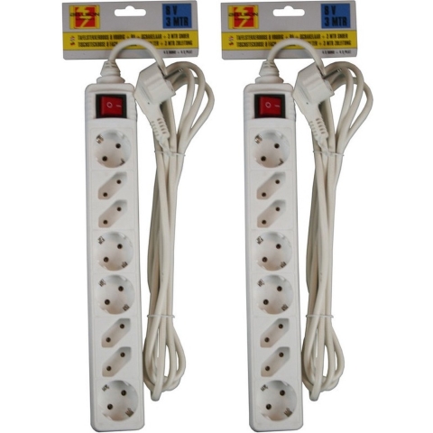 2x benson stekkerdoos - 8-voudig - wit - 3m - 4 platte en 4 ronde stekker -