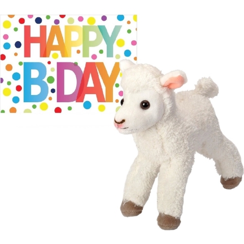 Pluche knuffel lammetje/schaap 20 cm met A5-size Happy Birthday wenskaart -