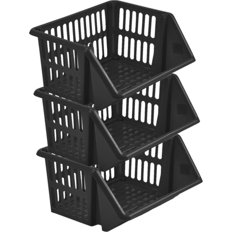 Mand/organizer - 3x - stapelbaar - zwart - 35 x 29 x 27 cm -