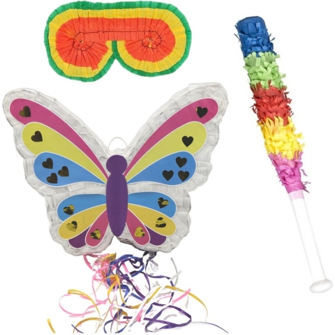 Verjaardag Pinata Vlinder van 42 cm set met stok en masker -
