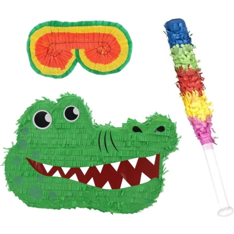Verjaardag Pinata Krokodil van 42 cm set met stok en masker -