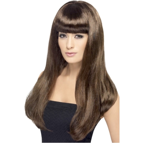 Carnaval verkleed pruik - bruin - dames - stijl lang haar - pony - synthetisch - damespruik -