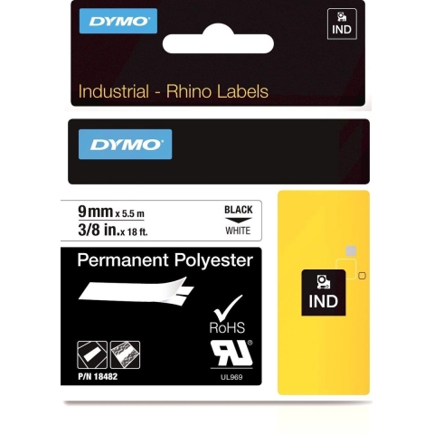 Labeltape DYMO IND RHINO 18482 Polyester Tapekleur: Wit Tekstkleur:Zwart 9 mm 5.5 m