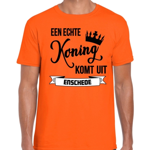 Oranje Koningsdag t-shirt - echte Koning komt uit Enschede - heren 2XL -