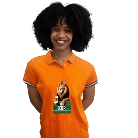 Koningsdag verkleed polo - leeuw met bier - oranje - dames L -