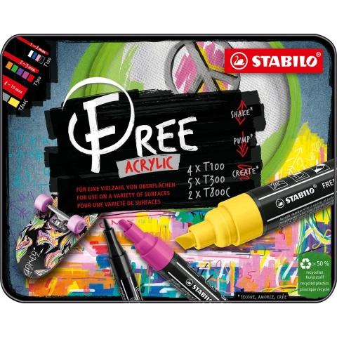 STABILO FREE - Acryl Marker - Start Set - 11 Acryl Markers - 3 Verschillende Tip Sizes