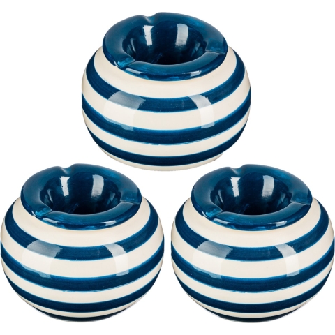 Terras asbak/stormasbak - 3x - rond - keramiek - 12 x 8 cm - blauw/wit - Buiten asbakken -