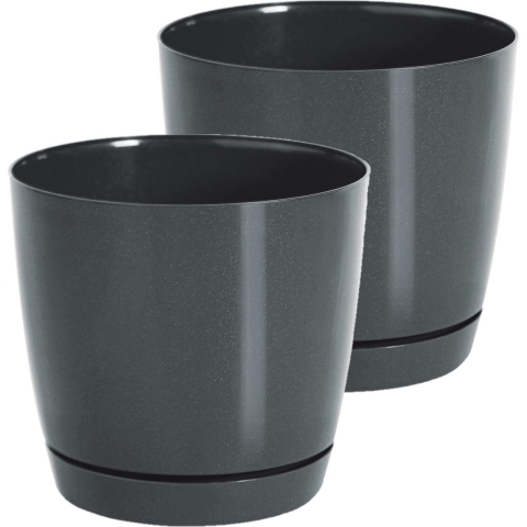 Plantenpot/bloempot met opvangschaal - Set van 2x stuks - kunststof - antraciet - D28 x H26 cm - bin -