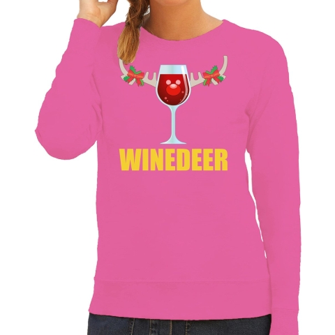 Foute kersttrui/sweater voor dames - winedeer - roze - wijn - rendier - kerstmis S -