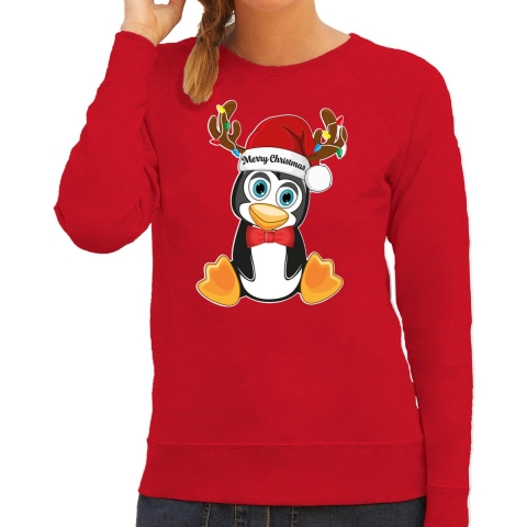 Foute Kersttrui/sweater voor dames - Merry Christmas - rood - kerst pinguin - kerst cadeau M -
