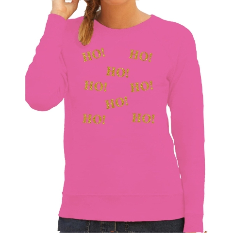 Foute kersttrui/sweater voor dames - Ho Ho Ho - roze - glitter goud L -