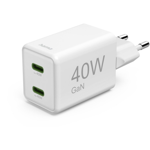 Hama Schnellladegerät, GaN, 2x USB-C, Super-Mini-Ladegerät, PD, 40 W, Weiß USB-oplader 40 W Wit