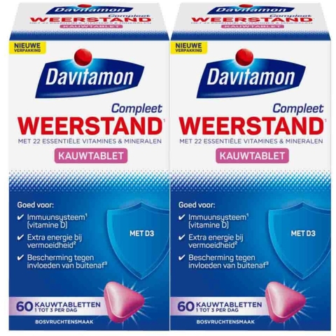 Gratis Verzending: 2x Davitamon Compleet Weerstand Hoog Gedoseerd Bosvruchten 50 kauwtabletten