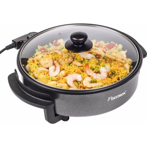 Bestron elektrische Hapjespan Ø28,5cm, multifunctionele Partypan met glazen deksel, met antiaanbaklaag & thermostaat, 1.500 watt, kleur: zwart
