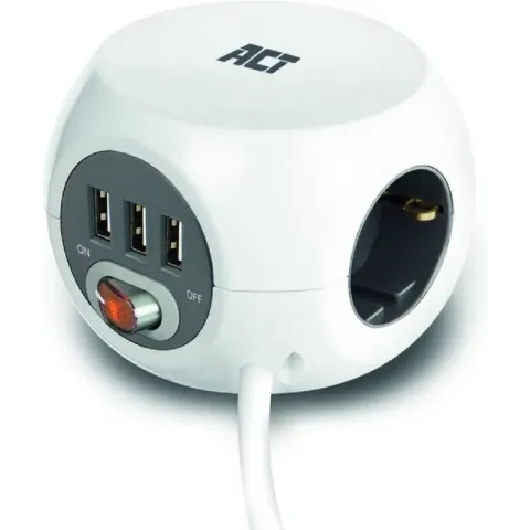 ACT Powercube met USB | 3 Stopcontacten | Type F | 3 USB-A poorten | 3m | Wit - AC2410