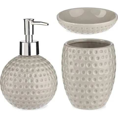 Badkamer accessoires set met stippen 3-delig kiezelgrijs van keramiek - Schaaltje - Zeeppompje - Beker