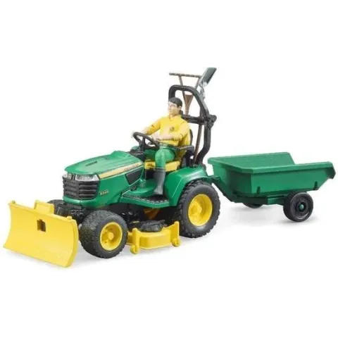 Bruder John Deere Zitmaaier met aanhanger en tuinman - 62104