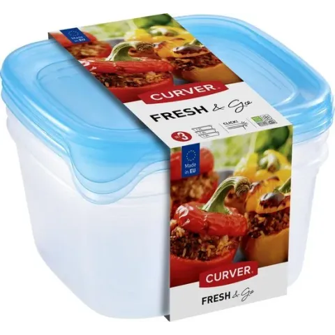 Curver Fresh & Go Vershoudbakjes met deksel - Vierkant - 1,2L - 3 stuks - Transparant/Blauw