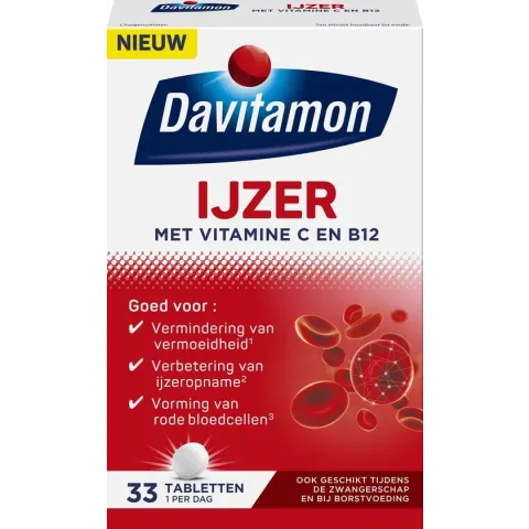 Davitamon Ijzer met vitamine B12 - Draagt bij aan het verminderen van vermoeidheid - Voedingssupplement met ijzer en vitamine B12 - 33 ijzer tabletten