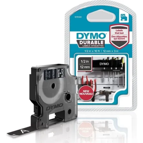 DYMO® D1 duurzaam (12 mm x 3 M), wit op zwart