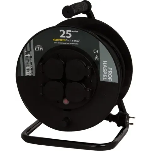 ETM Professionele Kabelhaspel - 25m met 3 x 1.5 mm2 Neopreen Snoer - Zwart